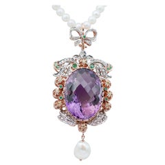 Pearls, Amethyst, Emeralds, Diamonds, 14Kt Rose Gold and Silver Pendant Necklace
