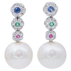 White Pearls, Sapphires, Rubies, Emeralds, Diamonds, 14 Karat White Gold Earrings