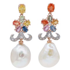 Baroque Pearls,Multicolor Sapphires,Diamonds,14Kt Rose and White Gold Earrings