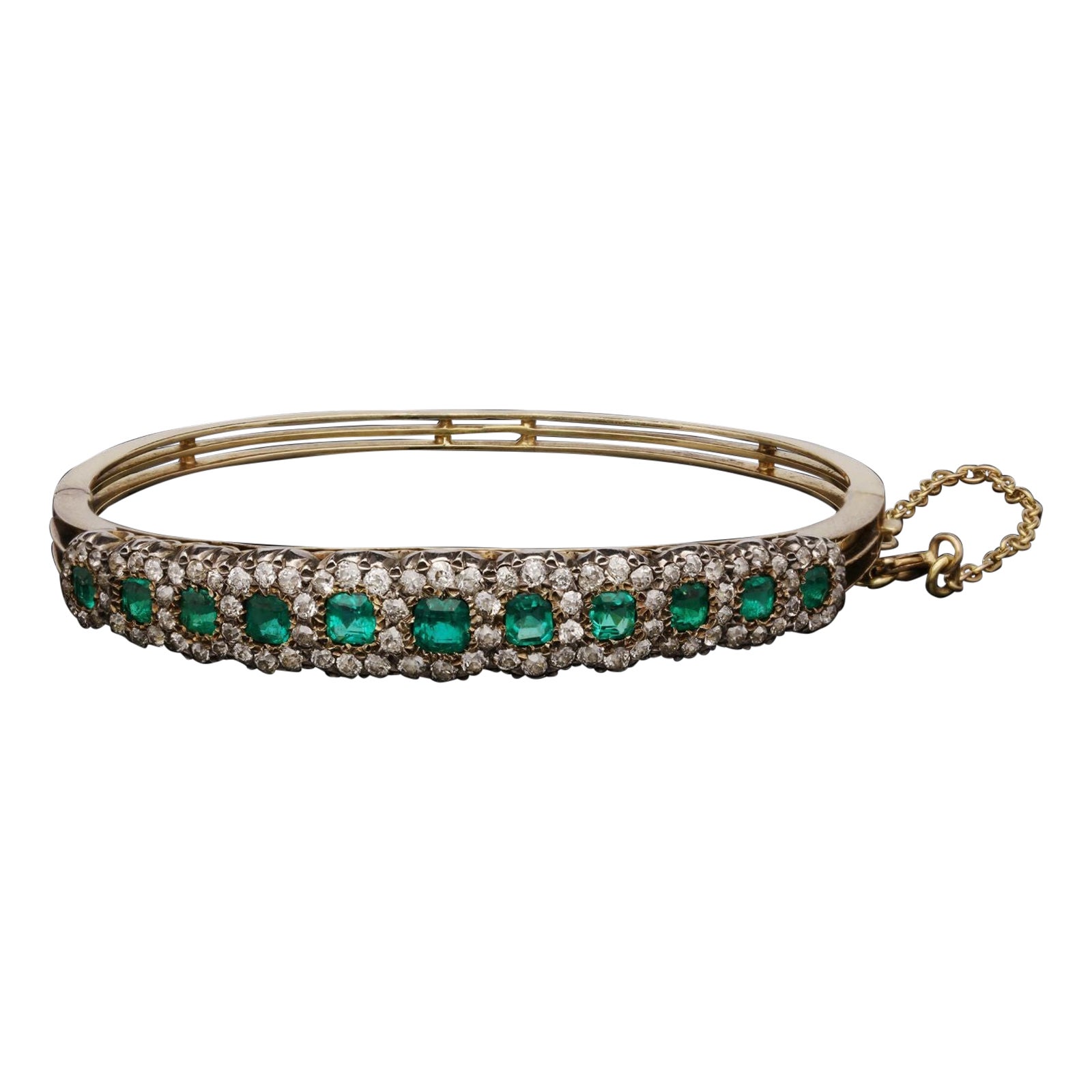 Victorian Beautiful Antique Emerald and Diamond Hinged Bangle, Circa 1890s For Sale