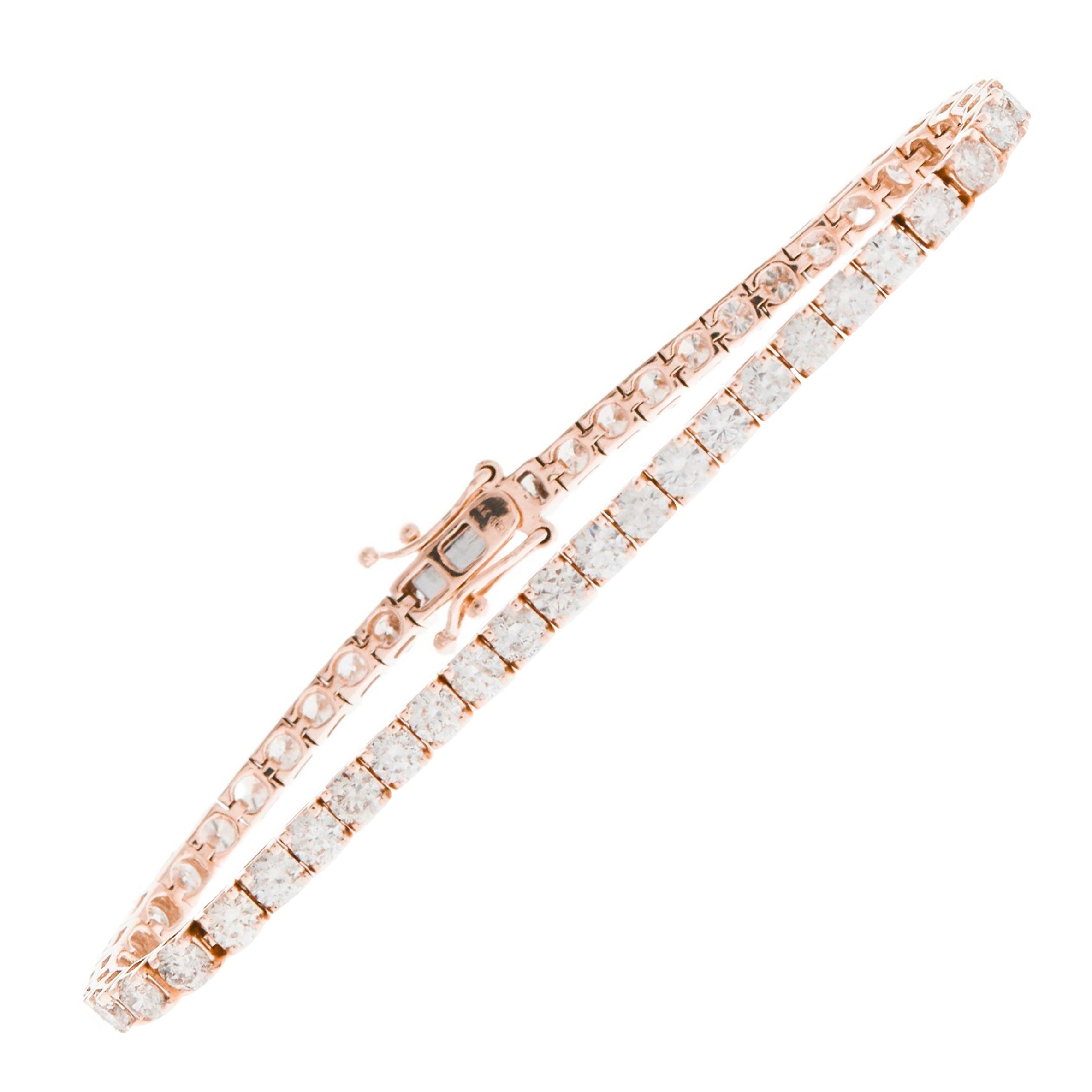 Bracelet tennis à 4 griffes en or rose 14 carats et diamants ronds naturels de 15 carats