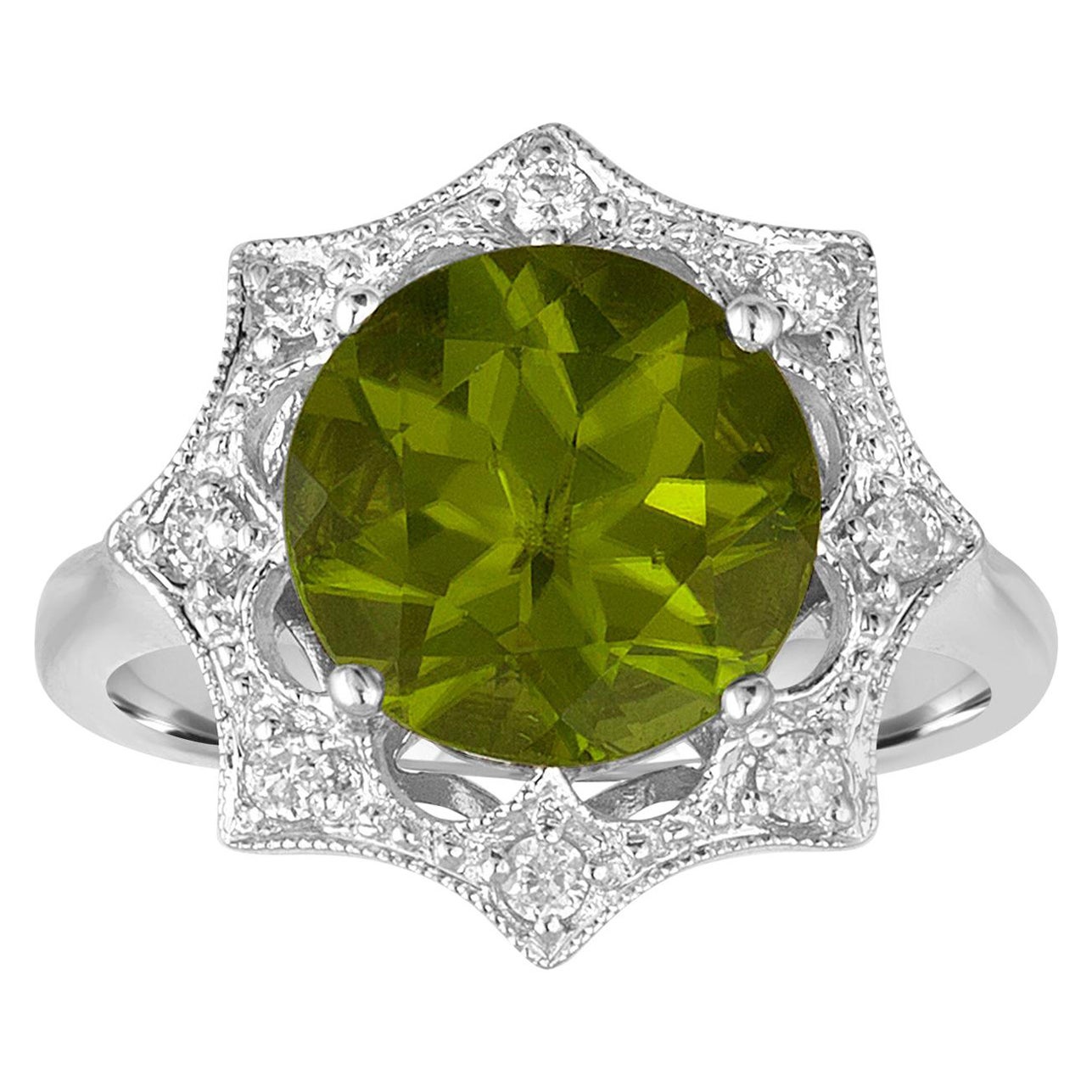 3.81 Carat Round Peridot and Diamond Gold Ring