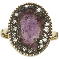 Amethyst Intaglio Diamond Gold Ring 2
