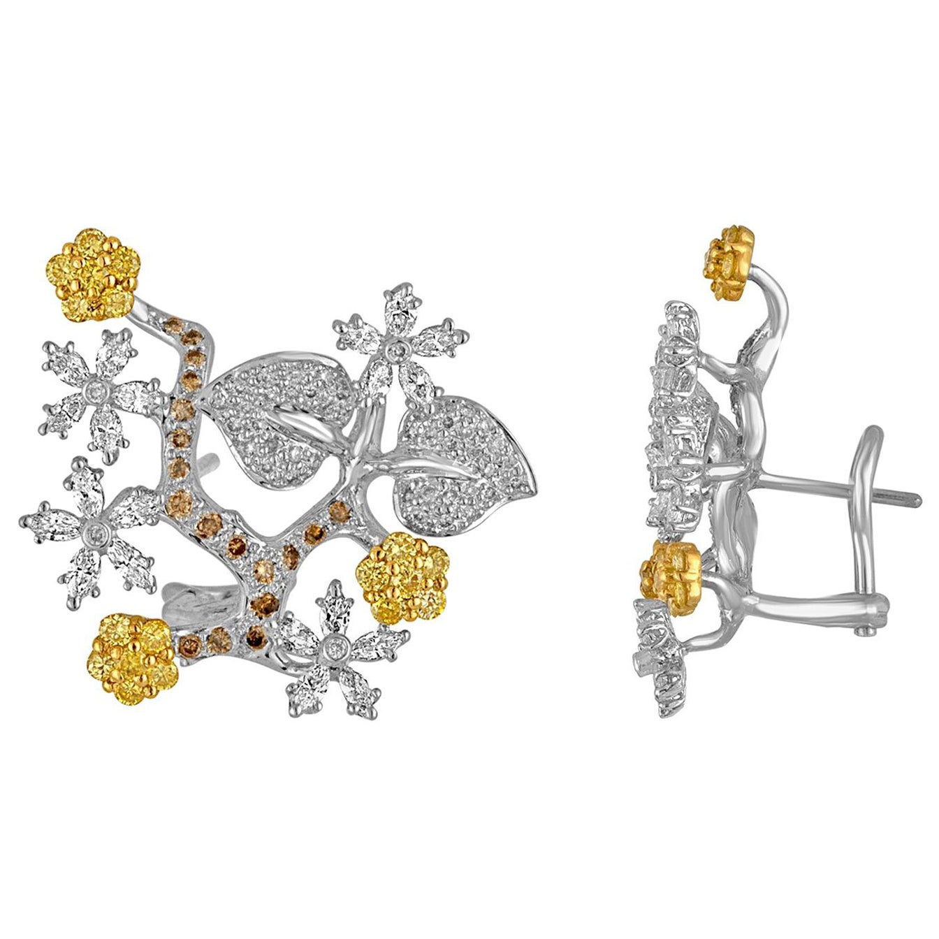 Boucles d'oreilles en forme de branche de fleur en or avec diamants de 2,50 carats