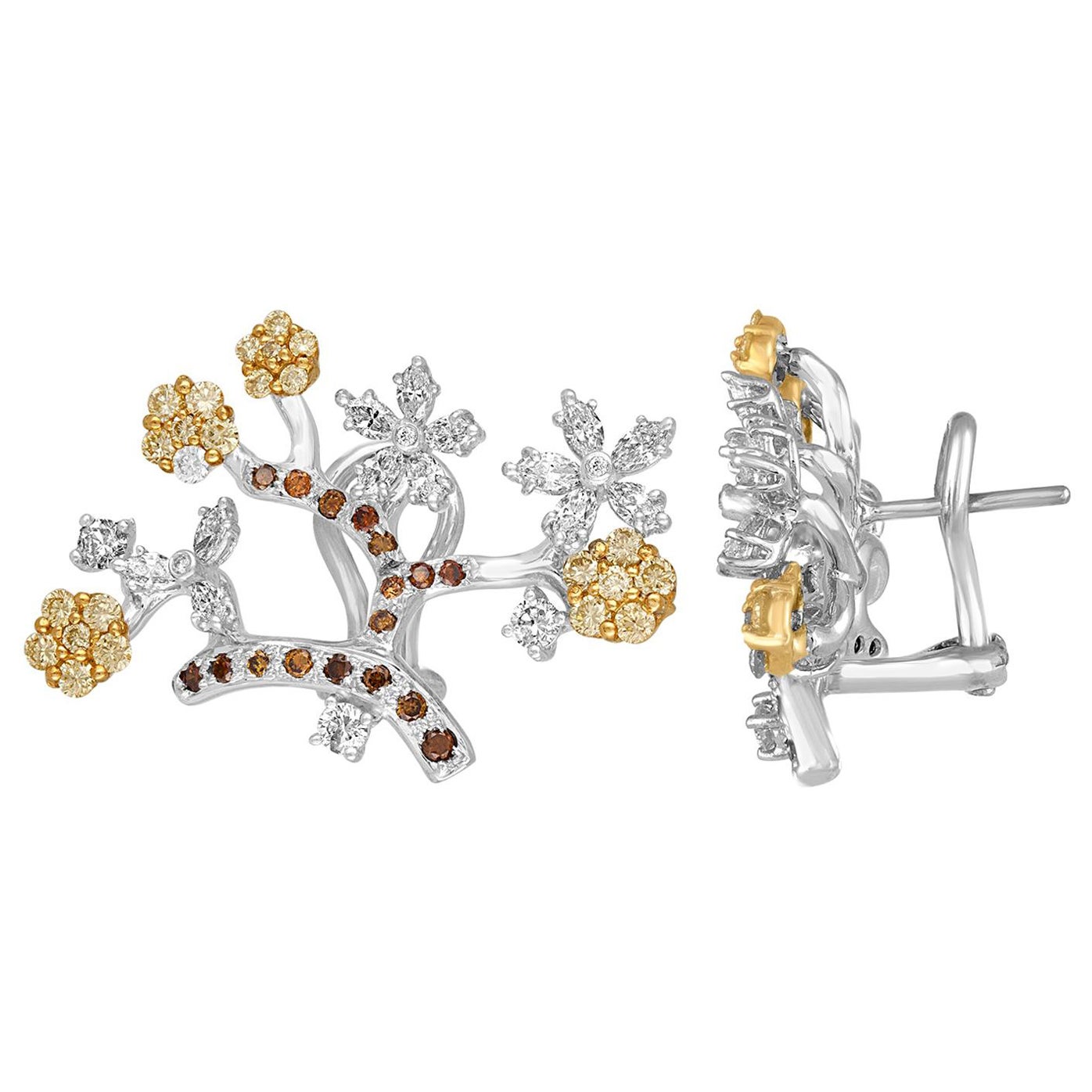 1.80 Carat Diamond Gold Flower Branch Earrings For Sale