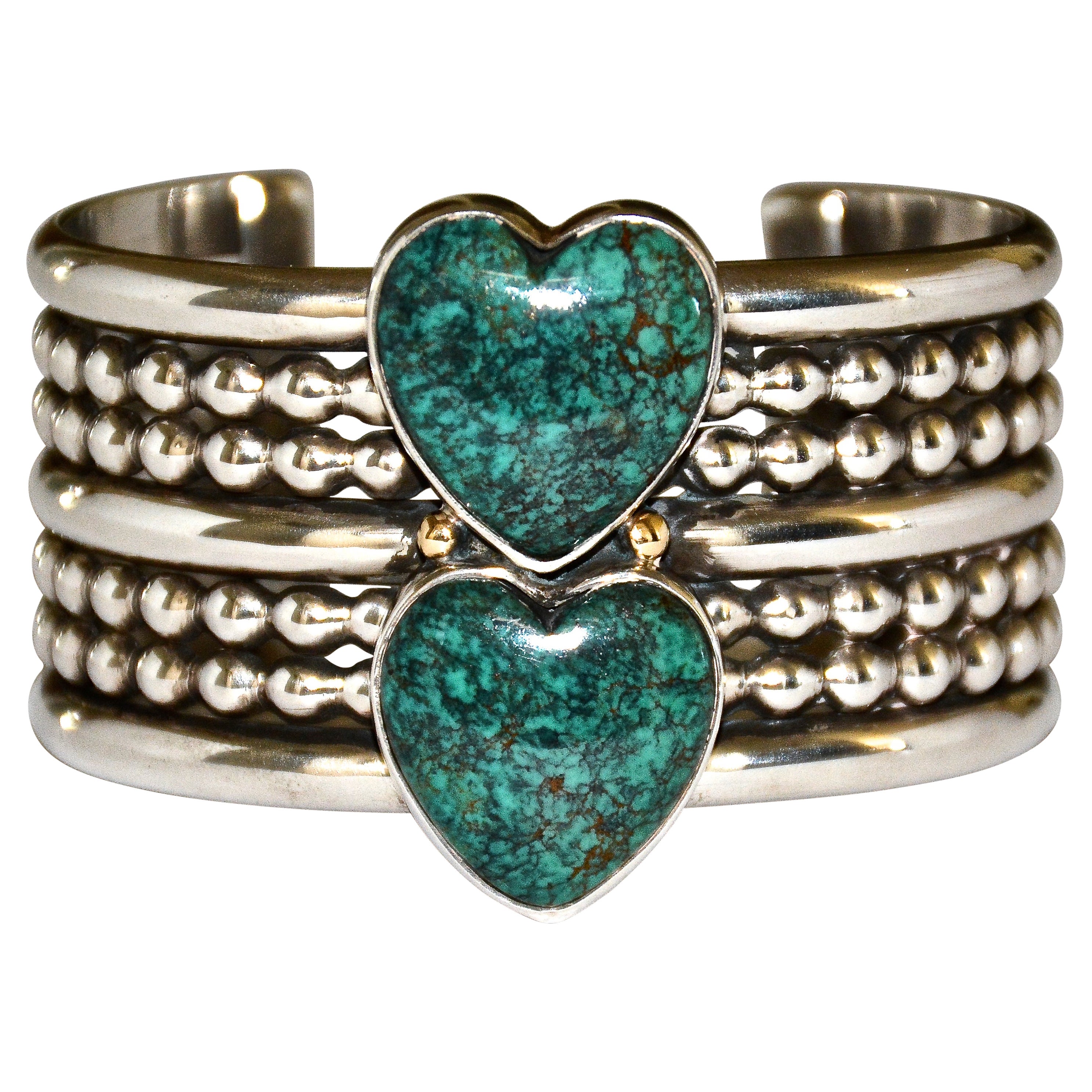 Mike Bird-Romero Sterling Silver Cuff Bracelet W/ Large Turquoise Hearts, 1993  For Sale