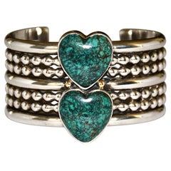 Vintage Mike Bird-Romero Sterling Silver Cuff Bracelet W/ Large Turquoise Hearts, 1993 