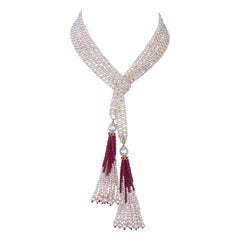 Marina J. Pearl Woven Lace Sautoir with Faceted Ruby and 14k Yellow Gold