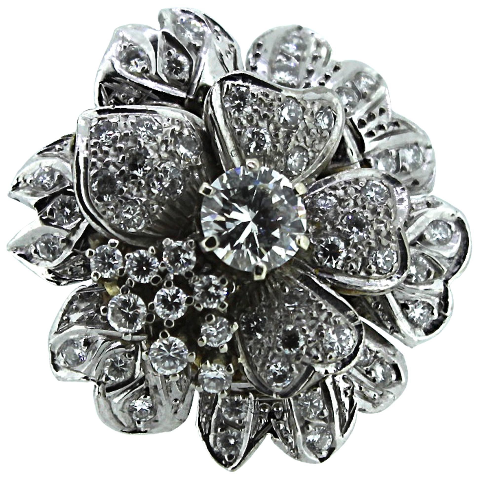 Diamond Gold Floral Brooch For Sale