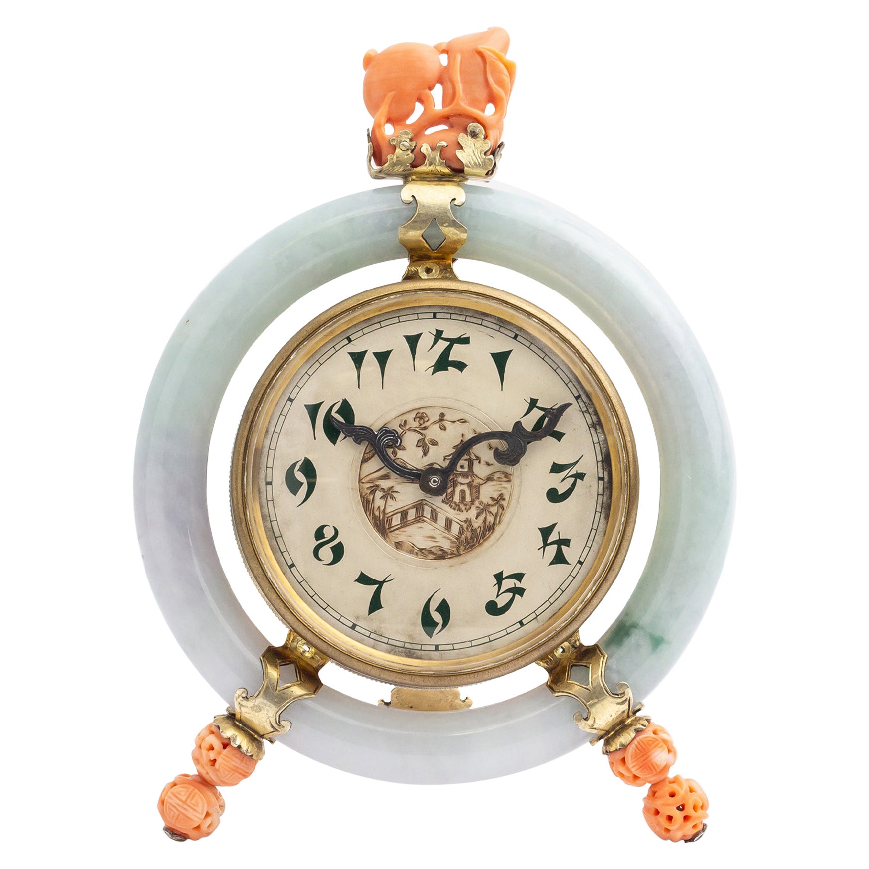 Edward I. Farmer Table Clock in Gilt Silver, Jadeite and Coral