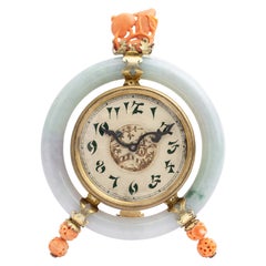 Edward I. Farmer Table Clock in Gilt Silver, Jadeite and Coral