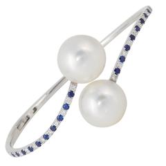 Sapphire Diamond Gold South Sea Pearl Bangle Bracelet 12