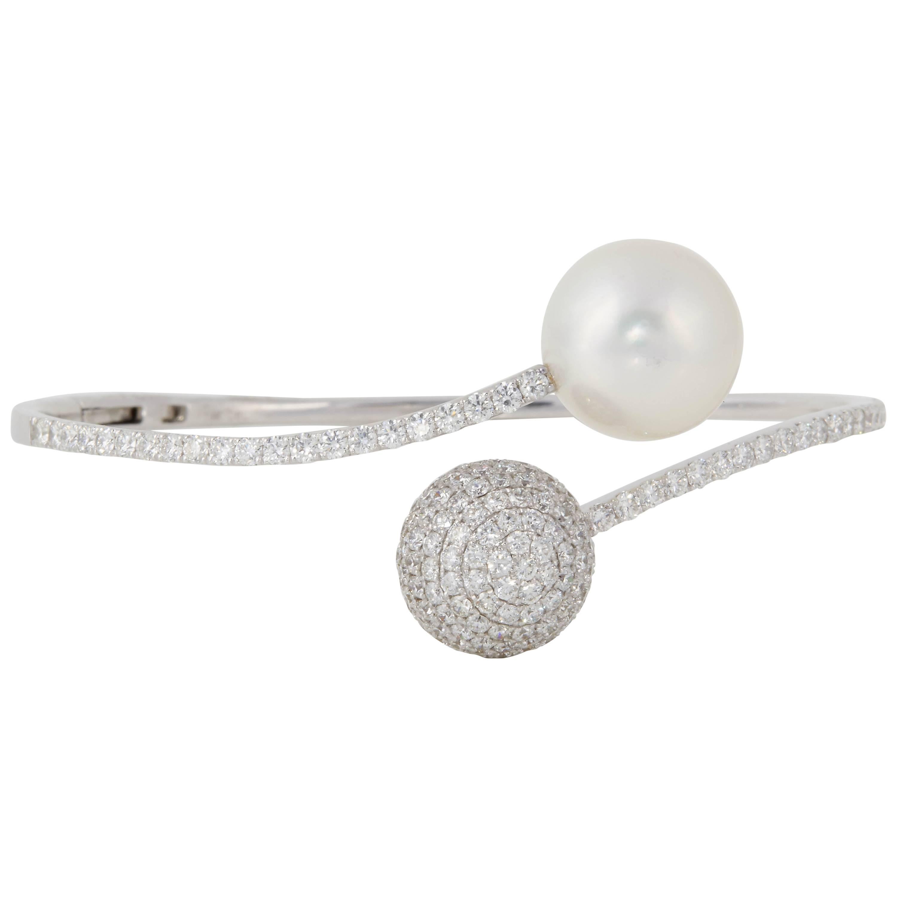 South Sea Pearl Diamond Bypass Bangle Bracelet 2.80 Carats 18K White Gold