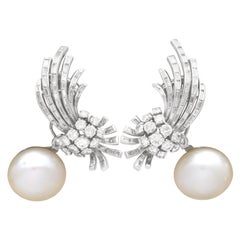 Used 3.46Ct Diamond and Cultured Pearl Platinum Earrings, Circa 1950