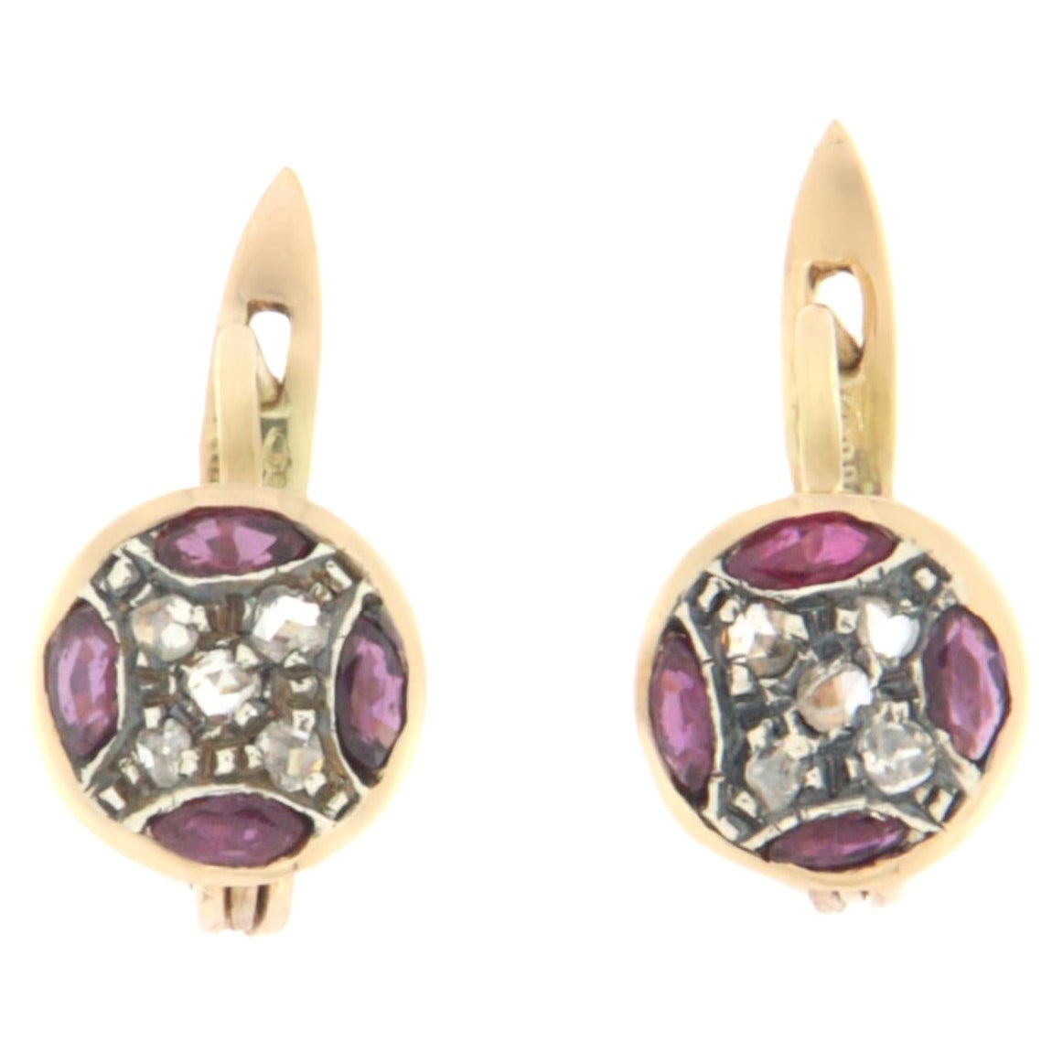 Diamonds Rubies Yellow Gold 14 Carat Stud Earring For Sale