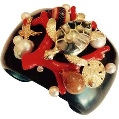 Coral Pearl Ebony Shell Diamond Gold Sealife Cuff Bracelet 6