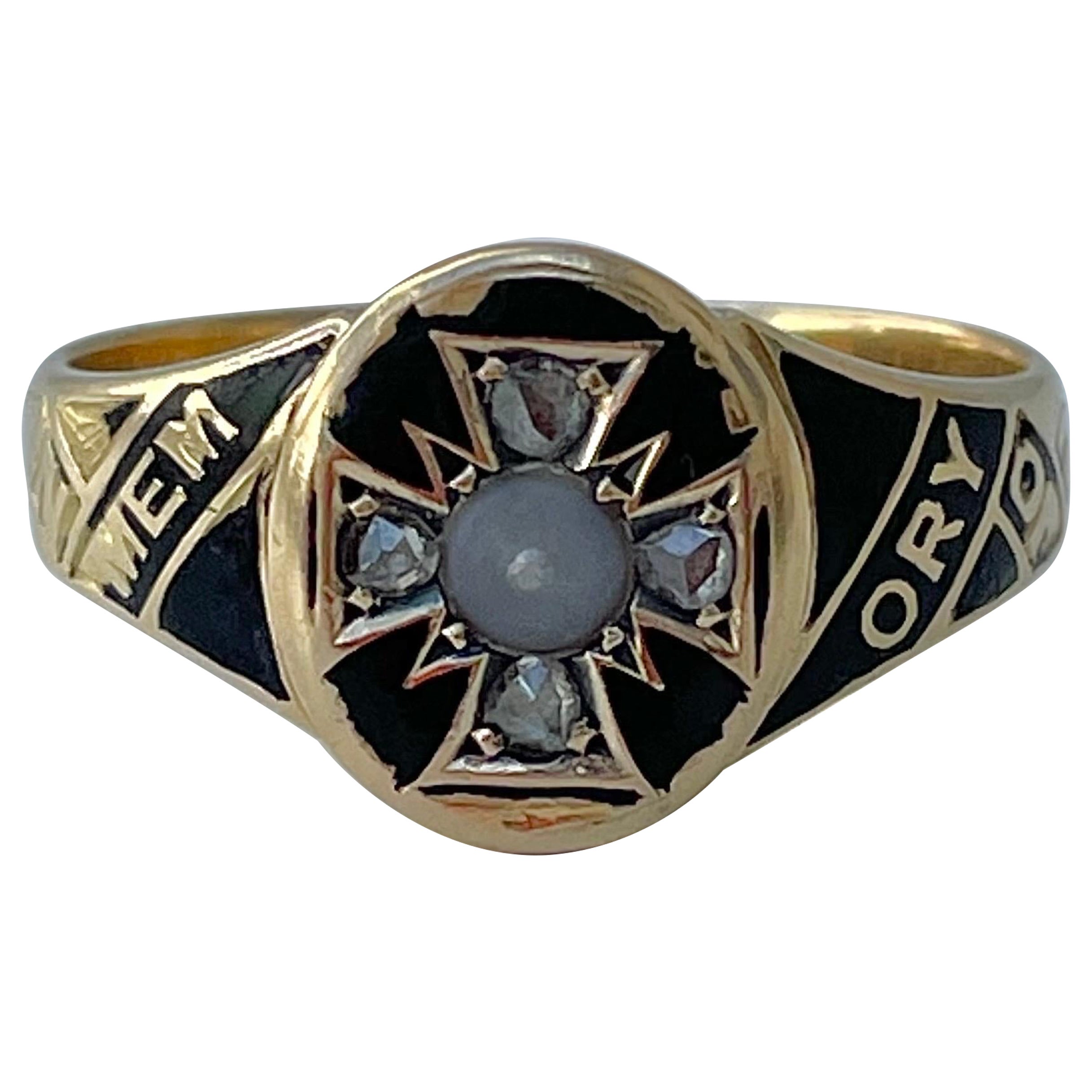 Antique Black Enamel 18ct Gold Memory Ring with Pearl and Rose Cut Diamond 1877 For Sale