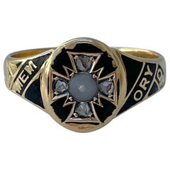 Antique Black Enamel 18ct Gold Memory Ring with Pearl and Rose Cut Diamond 1877