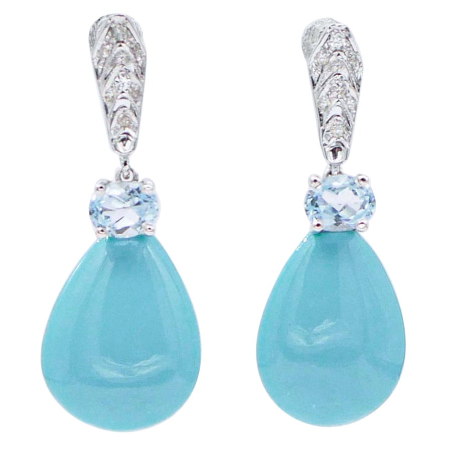 Turquoise, Aquamarine, Diamonds, 14 Karat White Gold Dangle Earrings