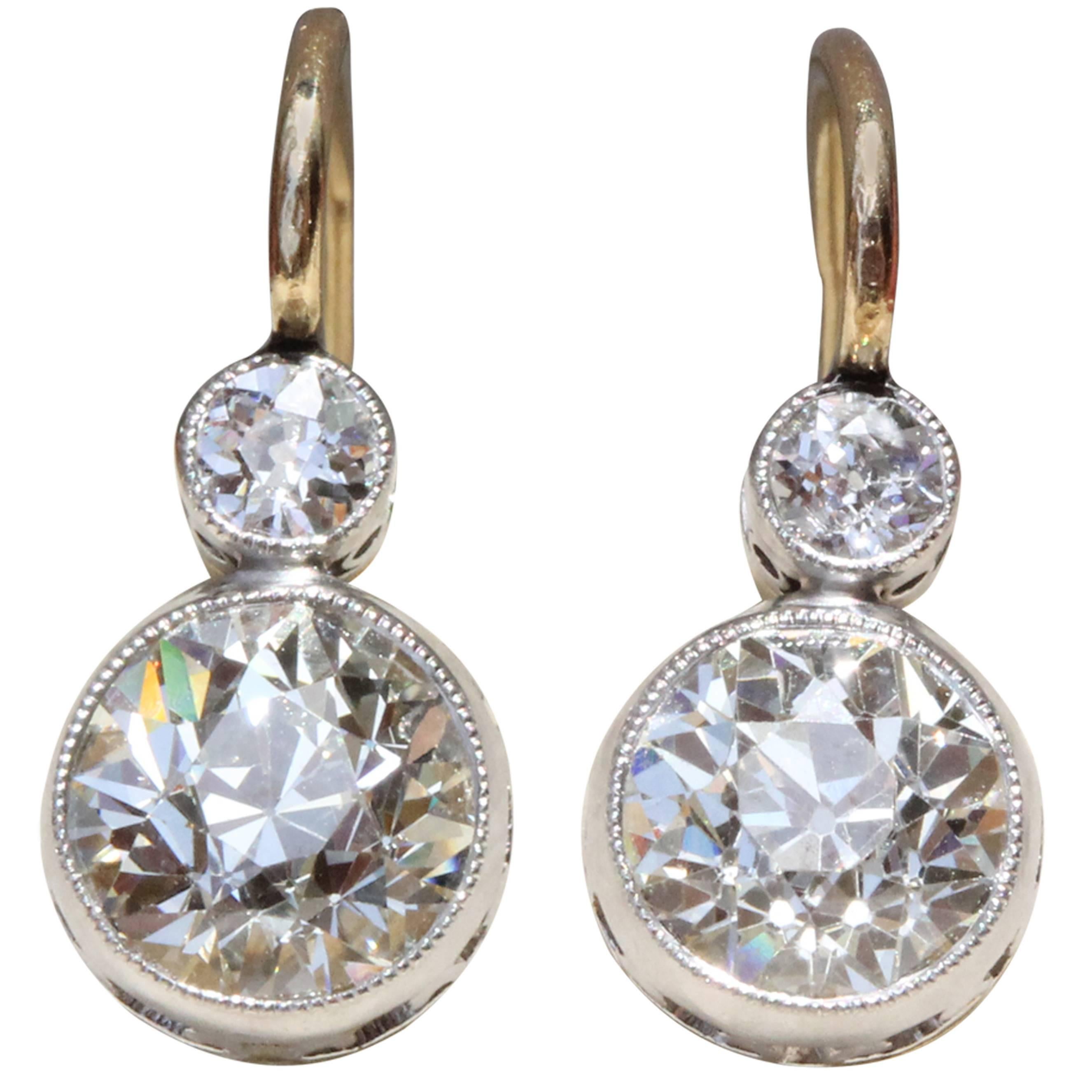 Edwardian Czarist Russian Empire 2.5 Carat Diamond Gold Platinum Top Earrings