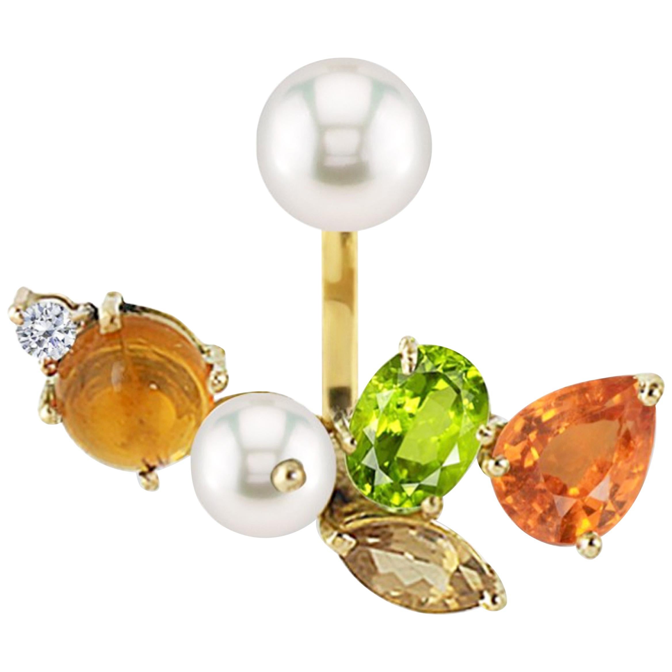 Ico & the Bird Spessartite, Morganite, Peridot, Diamond, Pearl 18k Gold Earring For Sale