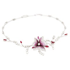 Stefan Hafner 18k White Gold Diamonds, Ruby and Pink Sapphires Flower Necklace