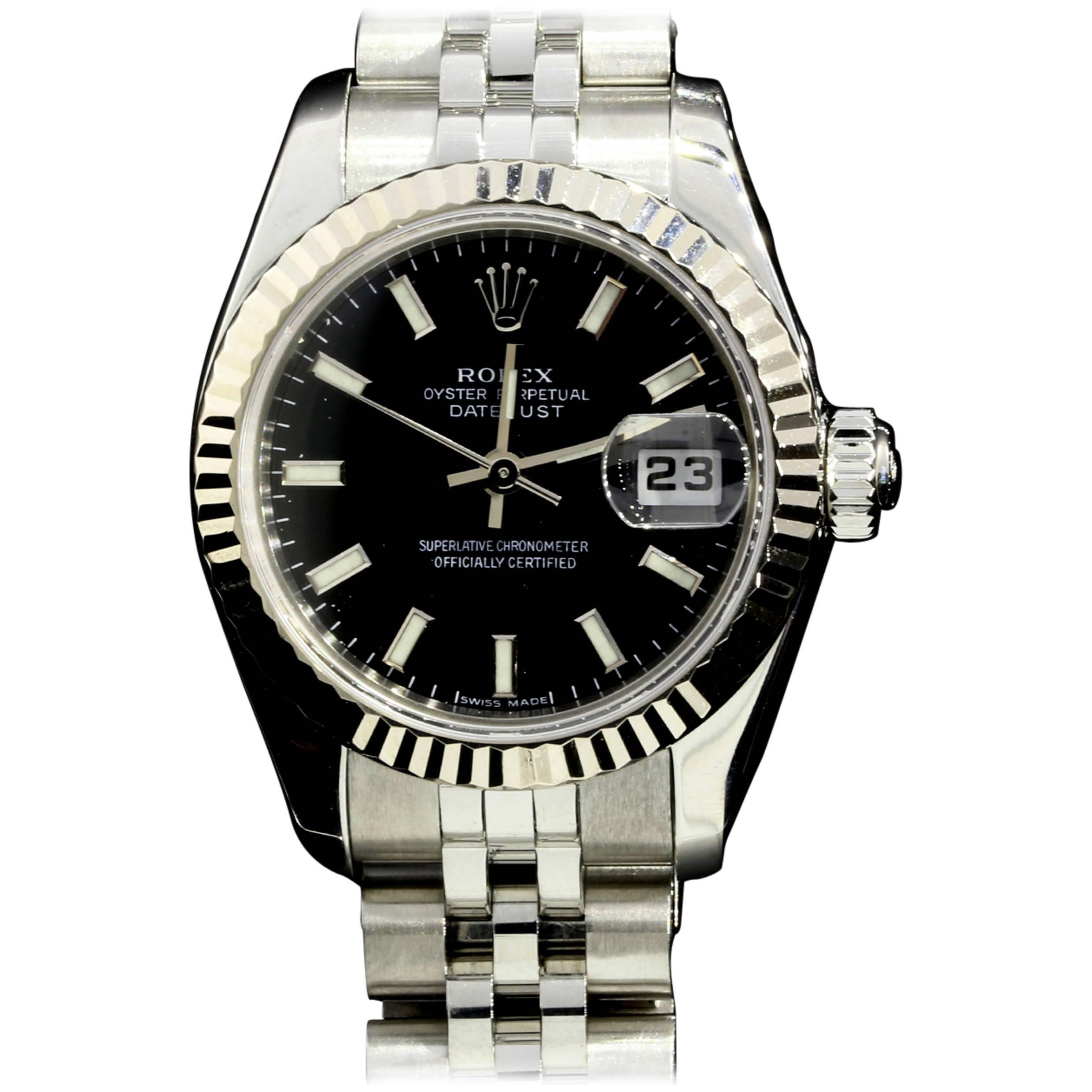 Rolex Lady's Oyster Perpetual DateJust Black Dial Fluted Bezel Wristwatch