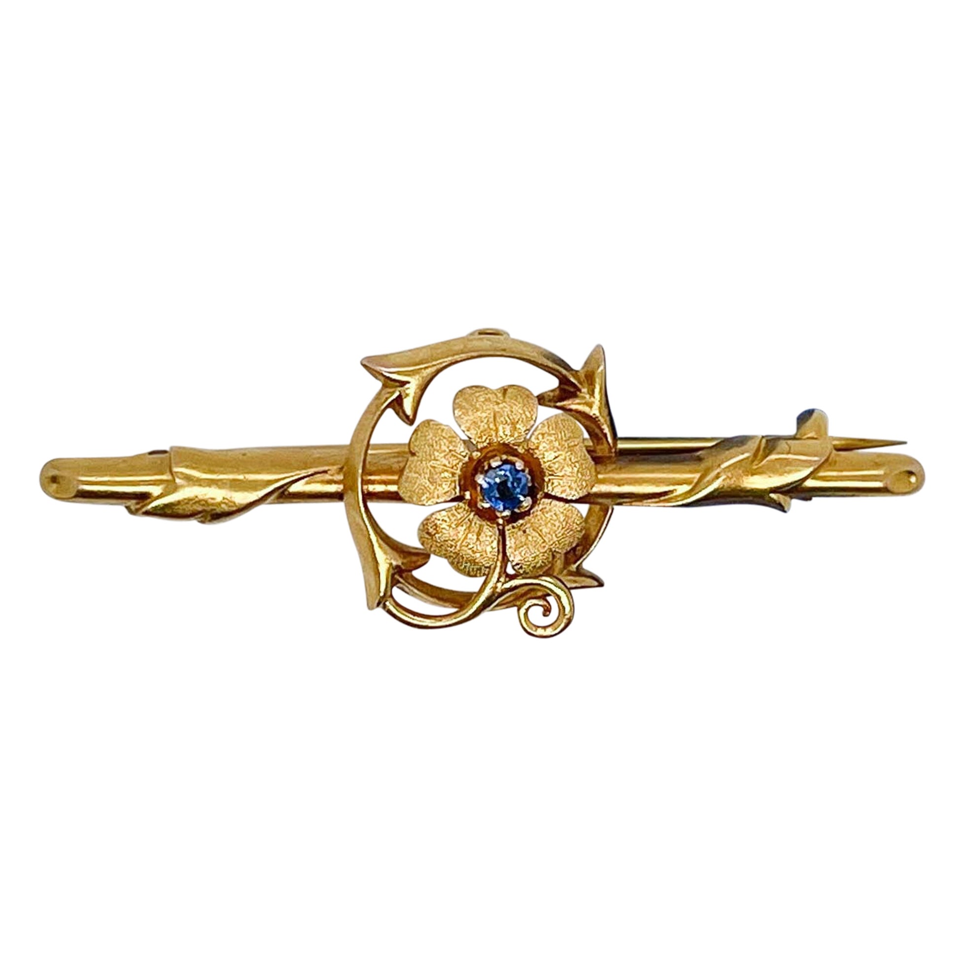 Signed Edwardian 15K Yellow Gold & Sapphire Flower Brooch or Bar Pin For Sale
