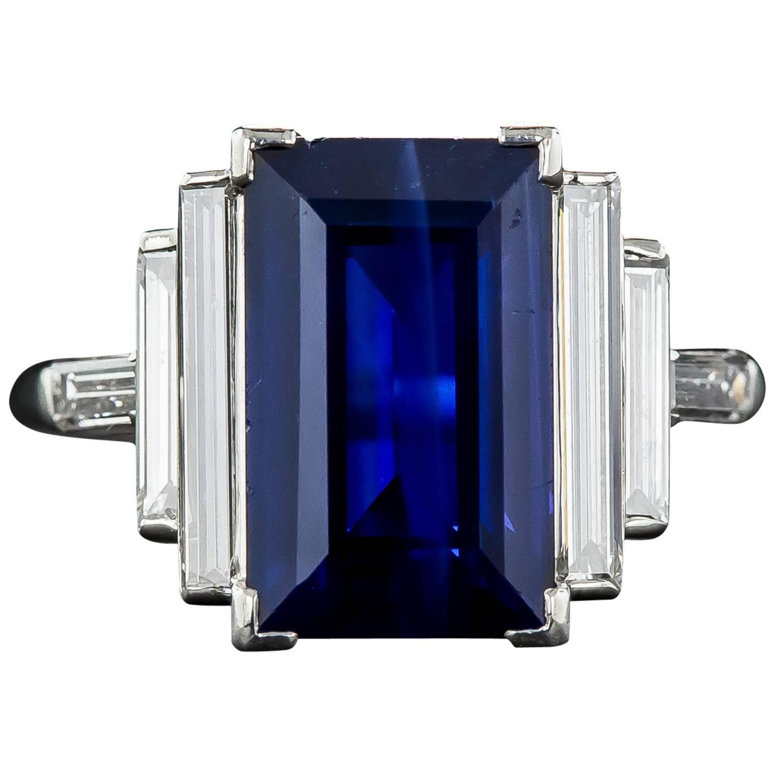 Natural No-Heat 5.00 Carat Rectangular Step Cut Sapphire Diamond Ring