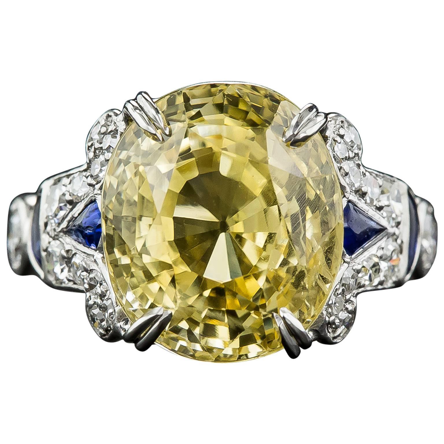 12.03 Carat GIA Cert Natural No Heat Yellow Sapphire Diamond Platinum Ring For Sale