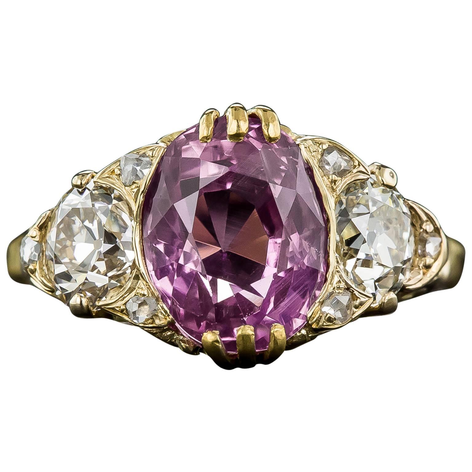 4.50 Carat Natural No Heat Pink Sapphire and Diamond Victorian Style Ring For Sale