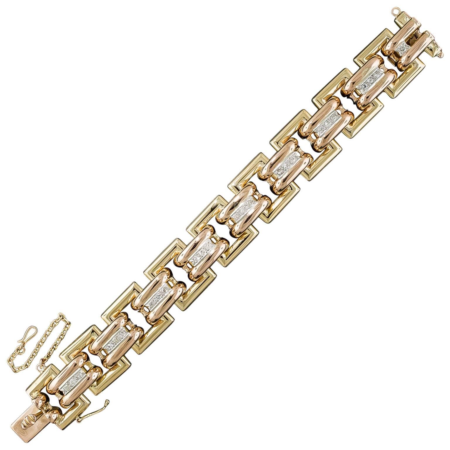 Bold Diamond Tricolor Gold Retro Geometric Link Bracelet For Sale