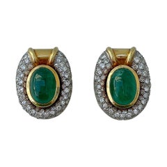 Huge Vintage 18ct Yellow Gold Cabochon, Emerald and Diamond Clip Earrings