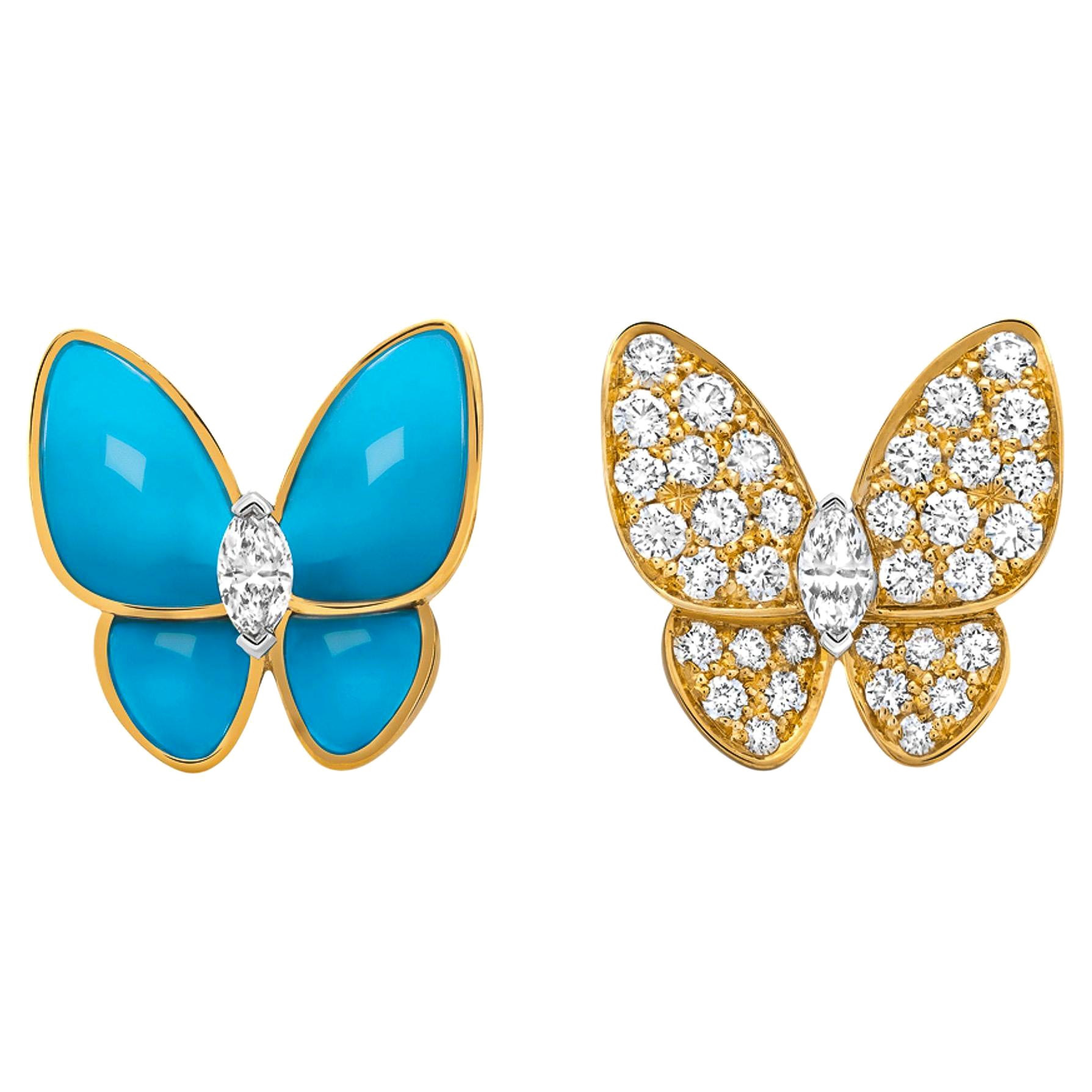 Van Cleef & Arpels Two Butterfly Turquoise and Diamond Gold Earrings For Sale