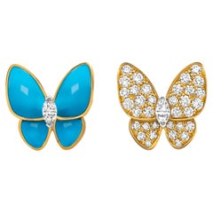 Retro Van Cleef & Arpels Two Butterfly Turquoise and Diamond Gold Earrings