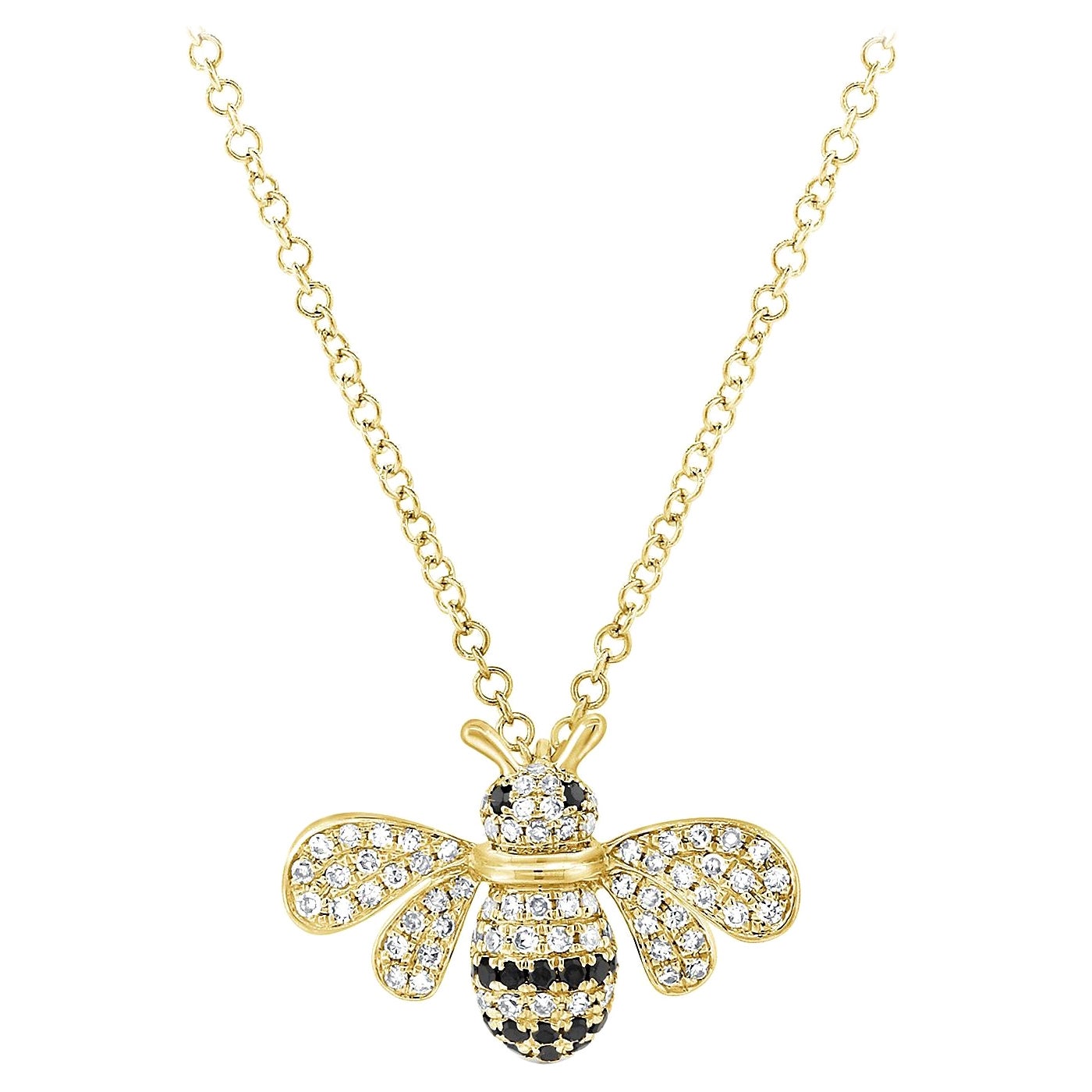 14K Yellow Gold Diamond & Black Diamond Bumble Bee Necklace for Her For Sale