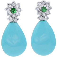 Turquoise, Tsavorite, Diamonds, 14 Karat White Gold Dangle Earrings