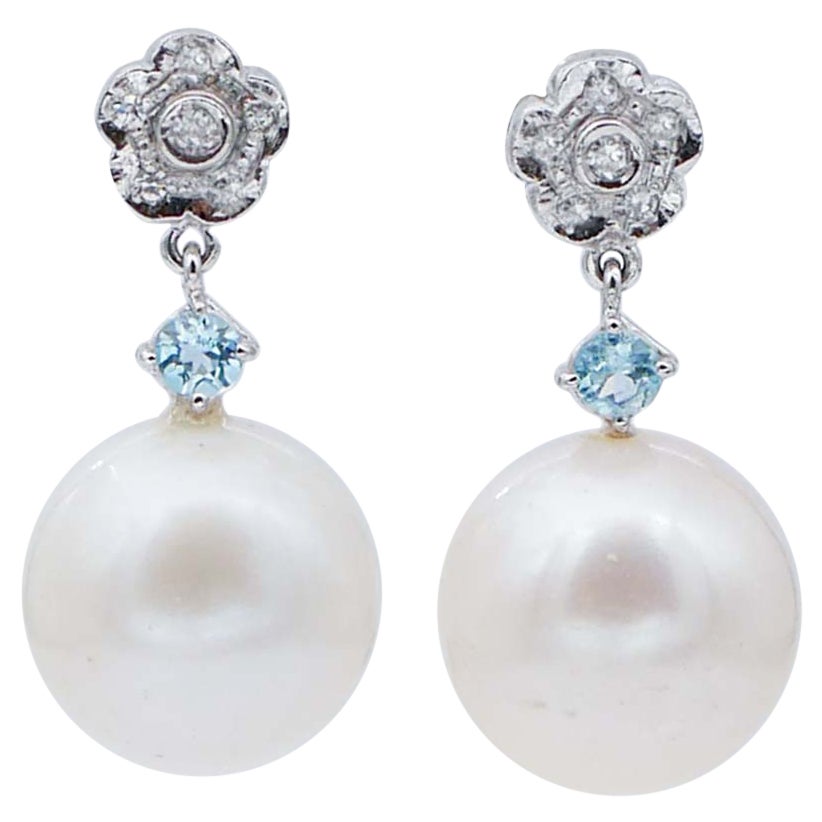 White Pearls, Aquamarine, Diamonds, Platinum Dangle Earrings