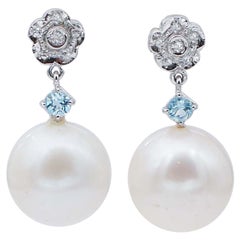 White Pearls, Aquamarine, Diamonds, Platinum Dangle Earrings