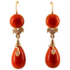 Art Nouveau Mediterranean Red Coral White Diamond Yellow Gold "Snake" Earrings