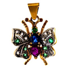 Art Nouveau White Diamond Sapphire Ruby Emerald Yellow Gold Butterfly Pendant