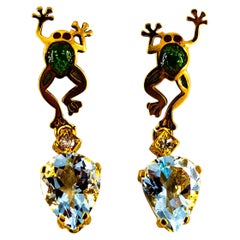 Vintage Handcrafted White Diamond Aquamarine Enamel Yellow Gold Stud "Frog" Earrings