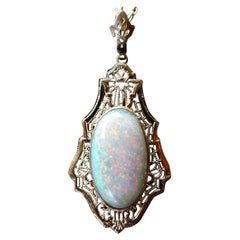 Antique Art Deco 10K 4.73ct Opal Filigree Pendant Necklace