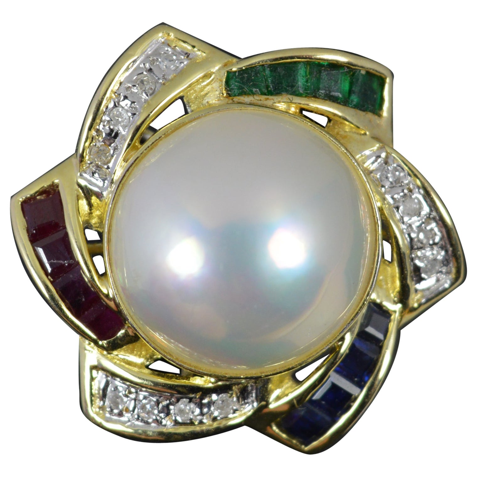Large 14 Carat Gold Mabe Pearl Emerald Ruby Sapphire Diamond Cluster Ring For Sale