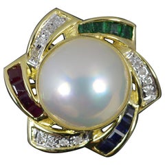 Large 14 Carat Gold Mabe Pearl Emerald Ruby Sapphire Diamond Cluster Ring