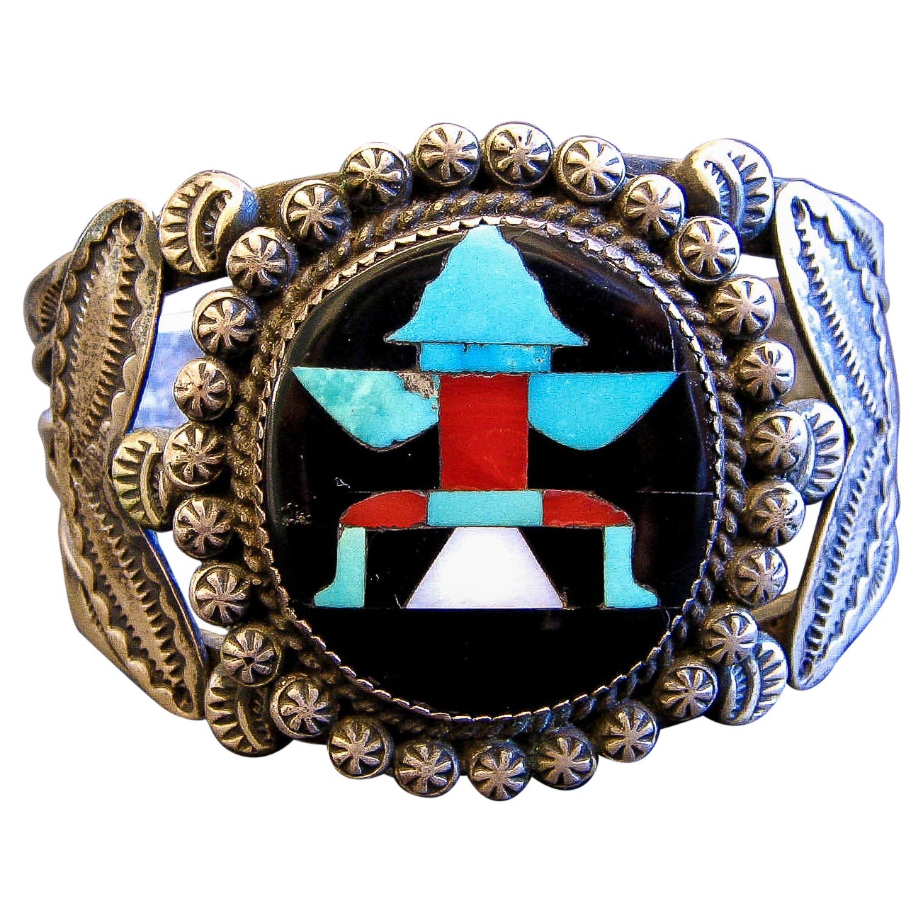 Vintage John Gordon Leak Sterling Silver Inlaid Zuni Knife Wing Bracelet, 1938 For Sale