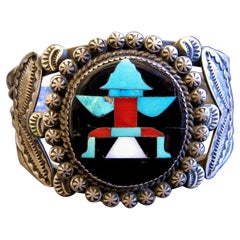 Retro John Gordon Leak Sterling Silver Inlaid Zuni Knife Wing Bracelet, 1938