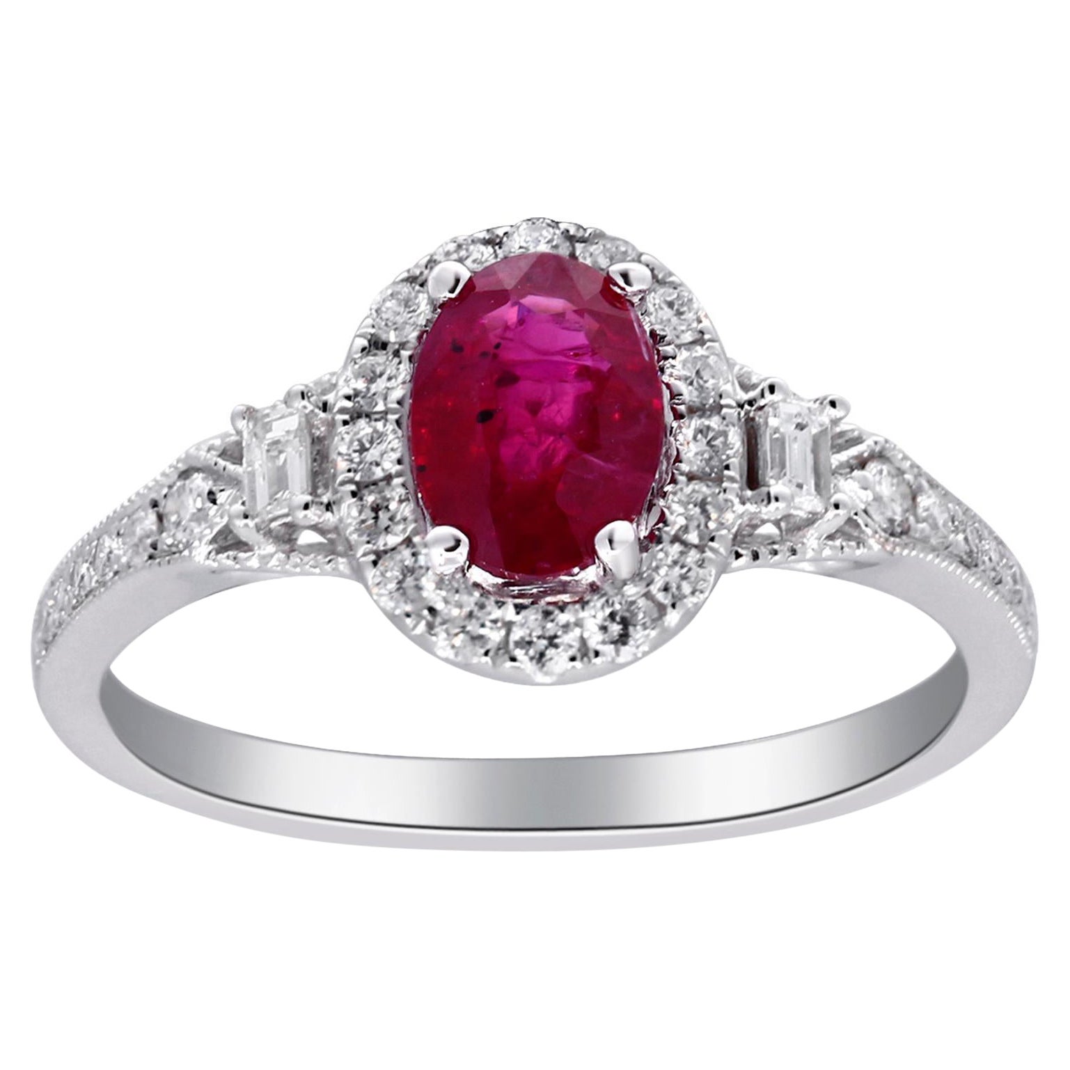 0.98 Carat Oval-Cut Ruby with Diamond Accents 14K White Gold Ring For Sale