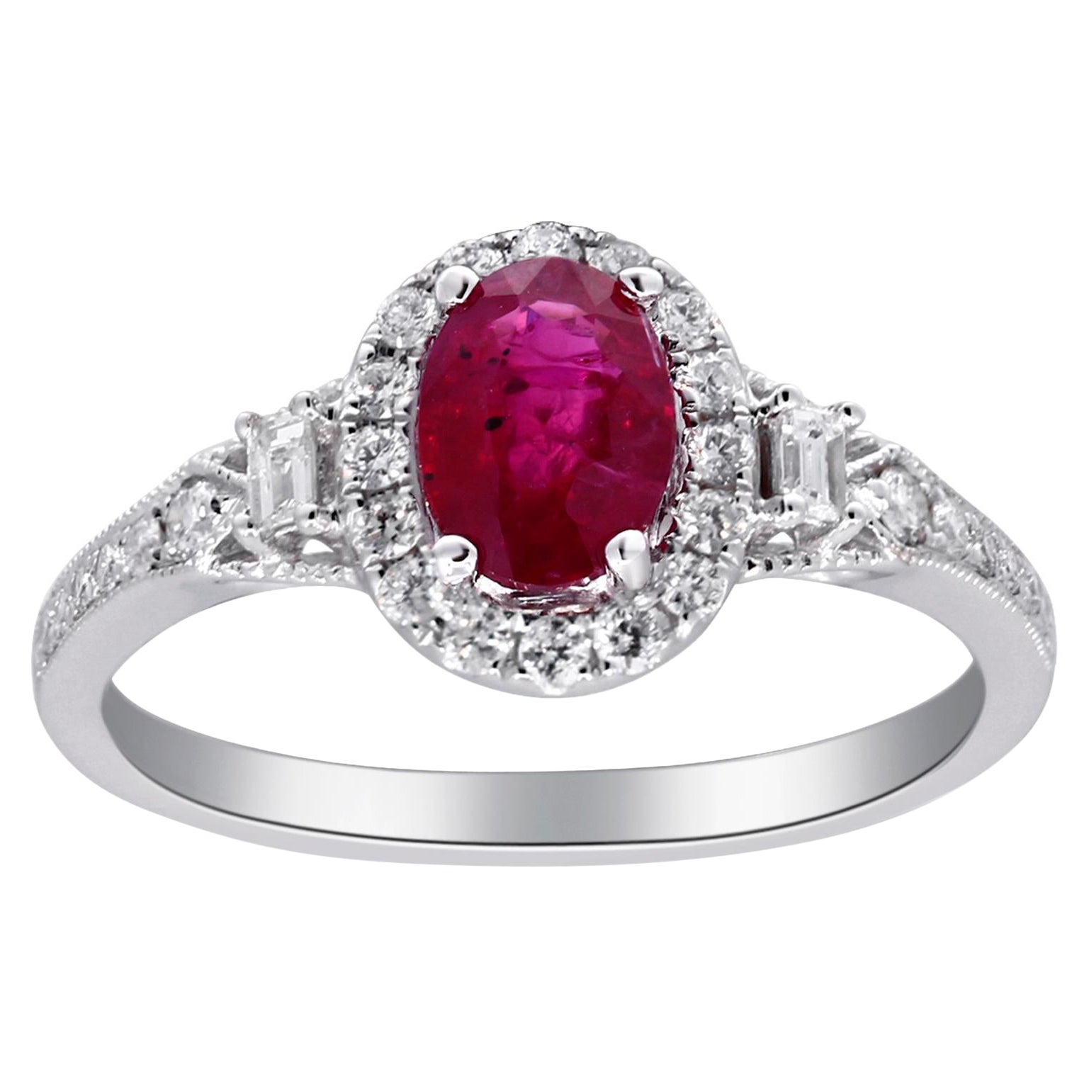 Bague en or blanc 14 carats avec rubis taille ovale de 0,98 carat et accents de diamants