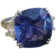 24.29 Carat GIA Cert Ceylon Cushion Blue Sapphire Diamond Platinum Ring